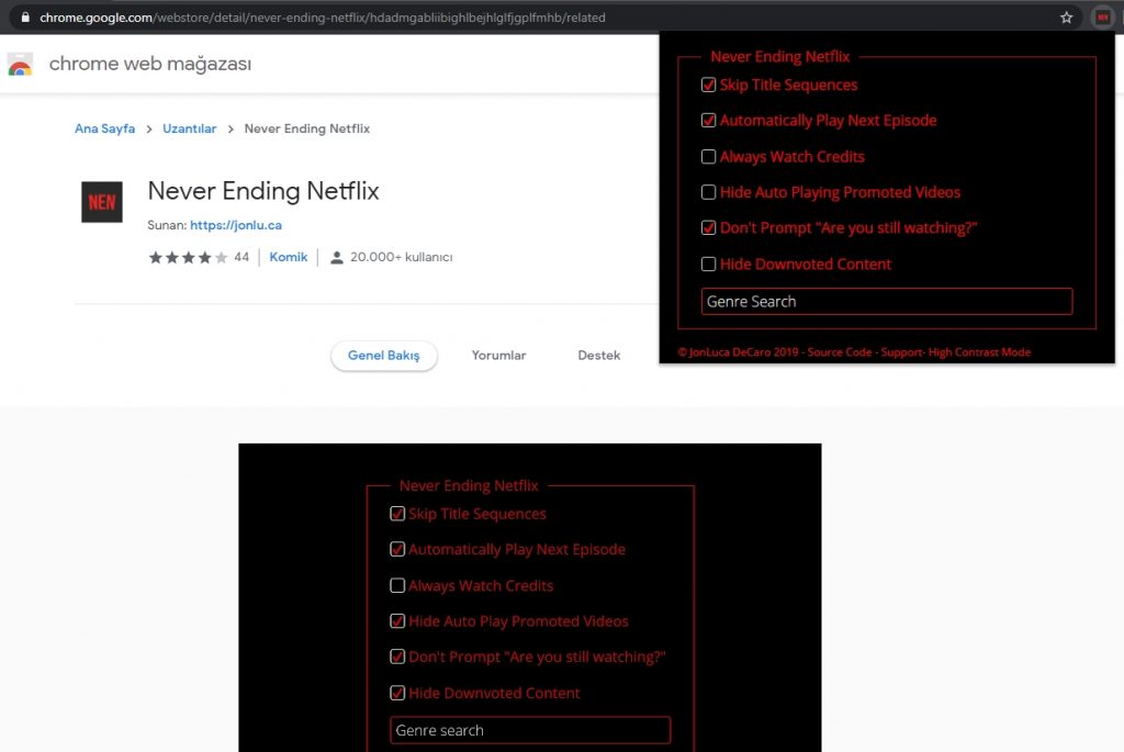 Never Ending Netflix eklentisinin kurulduktan sonra görünen menüsü